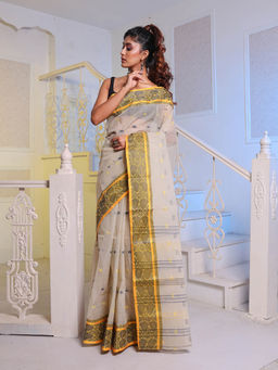 CHARUKRITI - Ecru Beige Handwoven Cotton Tant Saree
