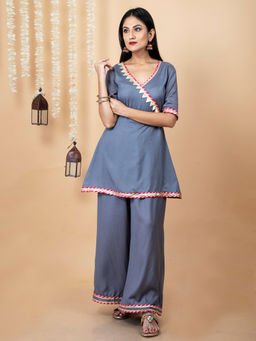 Empress Pitara - Grey Angrakha Gotta Kurta With Palazzo (Set of 2)