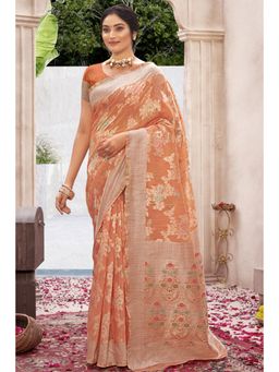 Sangam Prints - Orange Cotton Silk Woven Zari Work Traditional Saree with Unstitched Blouse