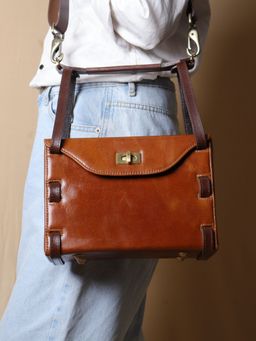 The Bicyclist - Tan Genuine Leather Structured Box Shoulder Handbag