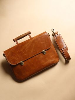 The Bicyclist - Tan Genuine Leather 13In Laptop Bag with Wooden Handle