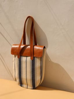 The Bicyclist - Off White Stripe Canvas and Genuine Tan Leather 15In Laptop Office Tote Bag