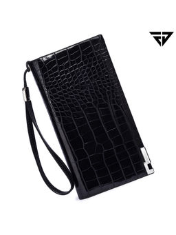 FUR JADEN - Black Crocodile Textured Stylish Long Wallet with Zip Pocket, Card Holders & Phone Pocket