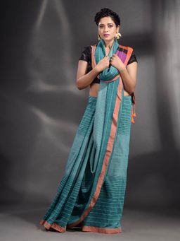 Arhi - Teal Pure Cotton Handwoven Saree with Unstitched Blouse