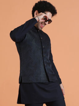 KISAH - Men Black Cotton Silk Nehru Jacket-Subtle Metallic Textured Pattern