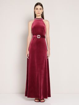 Cover Story - Maroon Long Velvet Dress with Belt