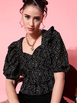 STREET 9 - Women Black Printed Frill Top