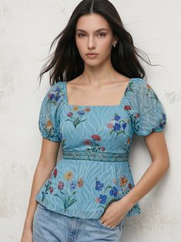 Outzidr - Women Blue Puff Sleeve Flared Top