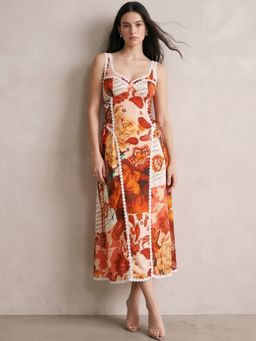 Outzidr - Brown Shoulder Strap Printed Dress