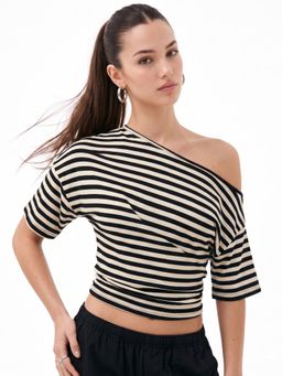 Outzidr - Women Beige One Shoulder Striped Fitted Top