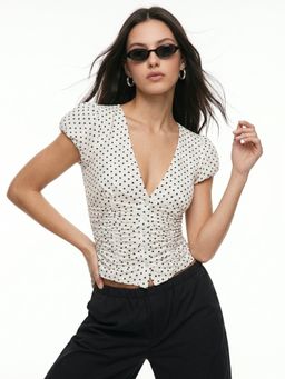 Outzidr - Women White V Neck Polka Printed Top