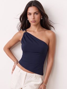 Outzidr - Women Navy Blue Asymmetrical Buckle Trim Polyamide Top