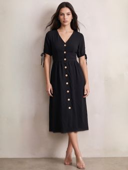 Outzidr - Black Short Sleeve Tie-Up Front Buttoned Dress