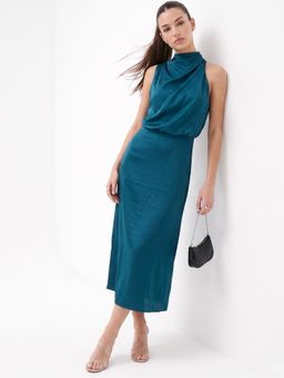 Outzidr - Navy Blue High Neck Flared Dress