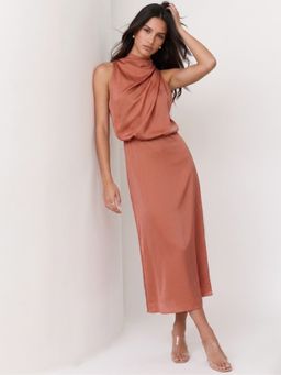 Outzidr - Peach High Neck Flared Dress