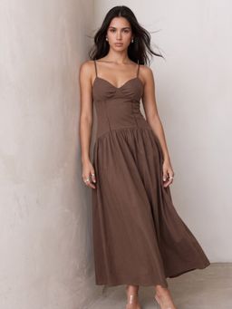 Outzidr - Brown Corset Styled Fit and Flare Dress