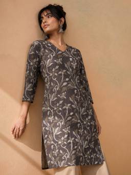 max - Grey Women Printed Straight Kurta