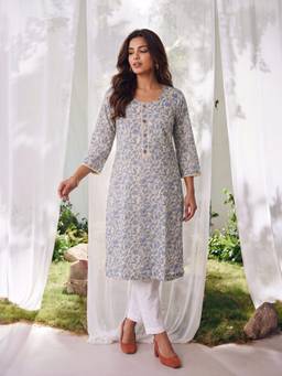 Rangita - Women Off White Cotton Printed Straight Kurta