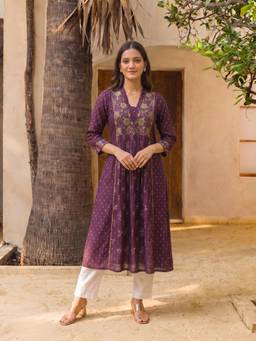 Rangita - Women Wine Poly Viscose Embroidery Flared Kurta
