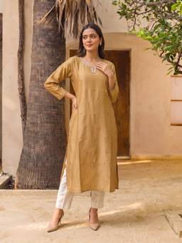 Rangita - Women Beige Poly Viscose Embroidery Straight Kurta