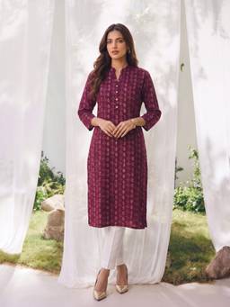 Rangita - Women Wine Rayon Printed Straight Kurta