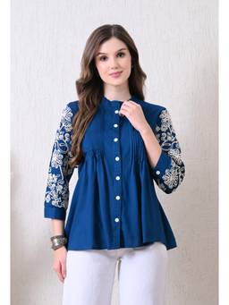 Rimika - Blue Women Floral Embroidery Rayon Tunic
