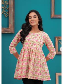 Rimika - Pink Women Floral Printed Cotton Peplum Kurti