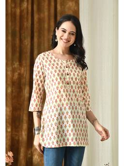 Rimika - Cream Women Geometric Pattern Straight Kurti