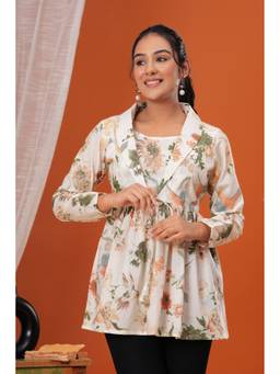 Rimika - Cream Women Full Sleeves Flared Cotton Kurti