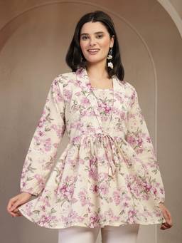 Rimika - Cream Women Full Sleeves Flared Cotton Kurti