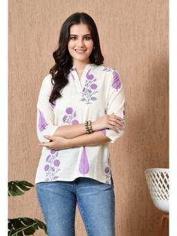 Rimika - Cream Women Block Print Cotton Straight Kurti