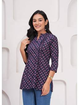 Rimika - Navy Blue Women Floral Printed Straight Kurti