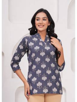 Rimika - Grey Women Block Print Cotton Straight Kurti