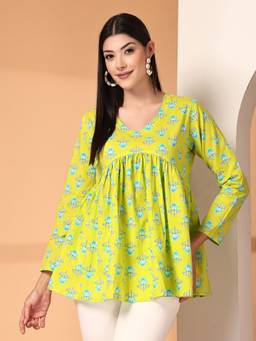 Rimika - Green Women Floral Design Cotton Peplum Tunic