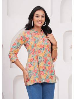 Rimika - Multi-Color Women Mandarin Collar Floral Print Kurti