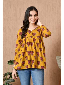 Rimika - Mustard Women V-Neck Cotton Peplum Tunic