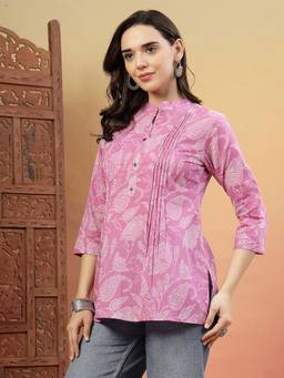 Rimika - Pink Women Floral Design Cotton Straight Kurti