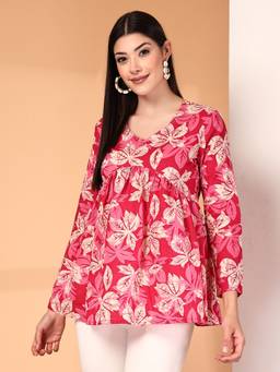Rimika - Pink Women Leaf Pattern Cotton Peplum Kurti