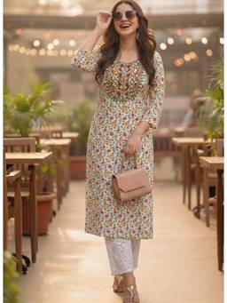 Surhi - Multi-Color Cotton Printed Embroidered Kurta