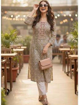 Surhi - Beige Cotton Printed Embroidered Kurta