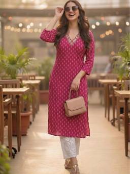Surhi - Magenta Cotton Printed Embroidered Kurta