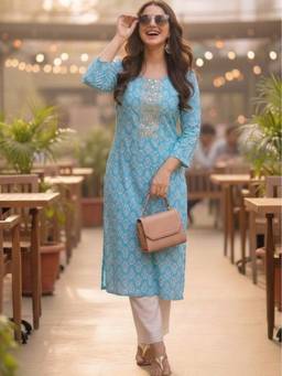 Surhi - Blue Cotton Printed Embroidered Kurta