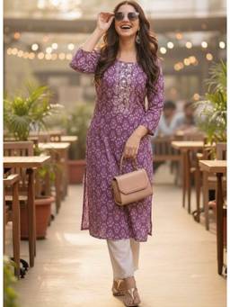 Surhi - Purple Cotton Printed Embroidered Kurta