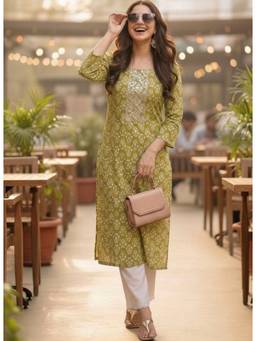 Surhi - Green Cotton Printed Embroidered Kurta