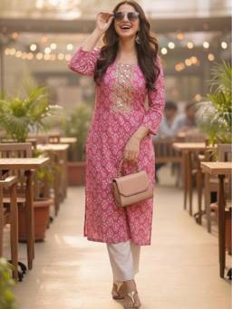 Surhi - Pink Cotton Printed Embroidered Kurta