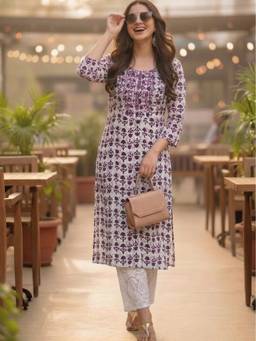Surhi - Purple Cotton Printed Embroidered Kurta