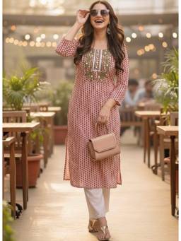 Surhi - Pink Cotton Printed Embroidered Kurta