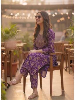 Surhi - Purple Cotton Printed Embroidered Kurta