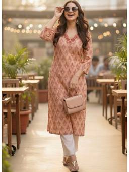 Surhi - Peach Cotton Printed Embroidered Kurta