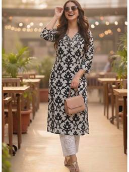 Surhi - Black Cotton Printed Embroidered Kurta